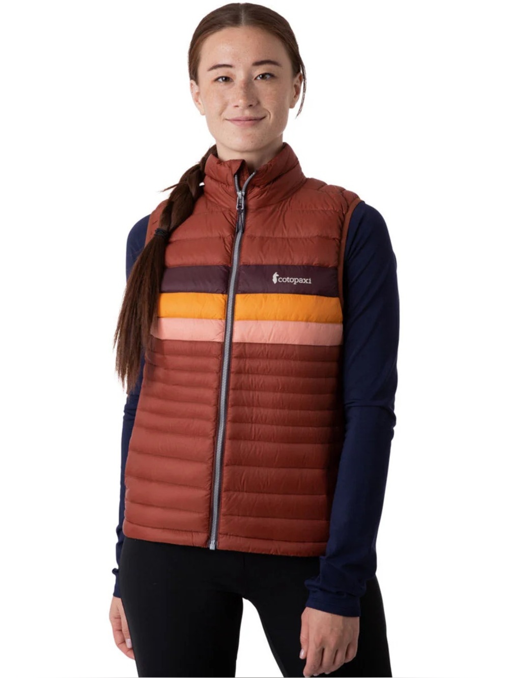 Cotopaxi Fuego Down Packable Women's Vest Size Large with Color-Block Stripes